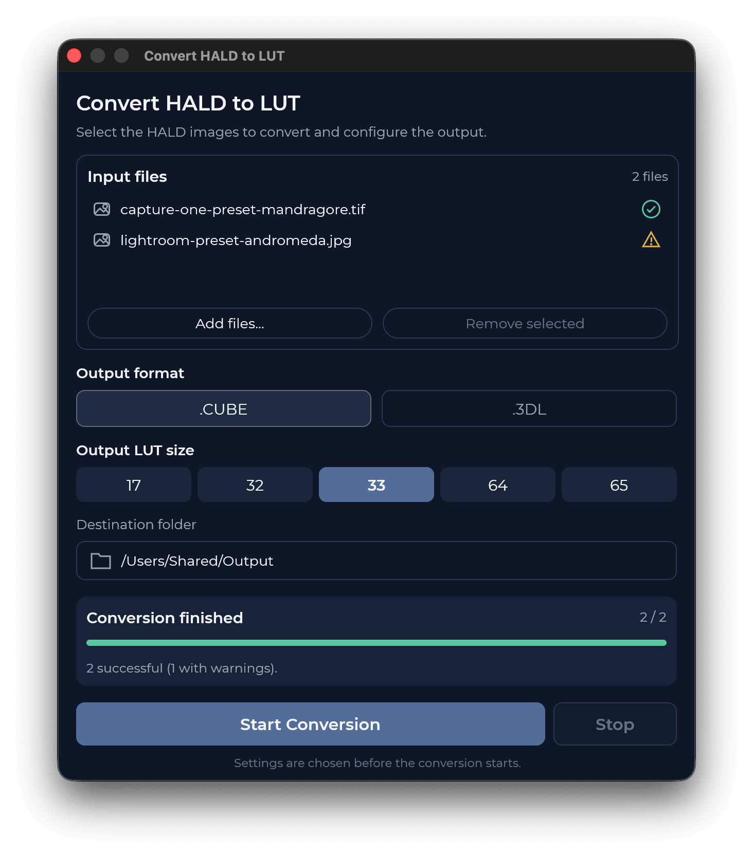 Convert HALD to LUT window listing two input files, output format .CUBE or .3DL and LUT sizes 17 to 65
