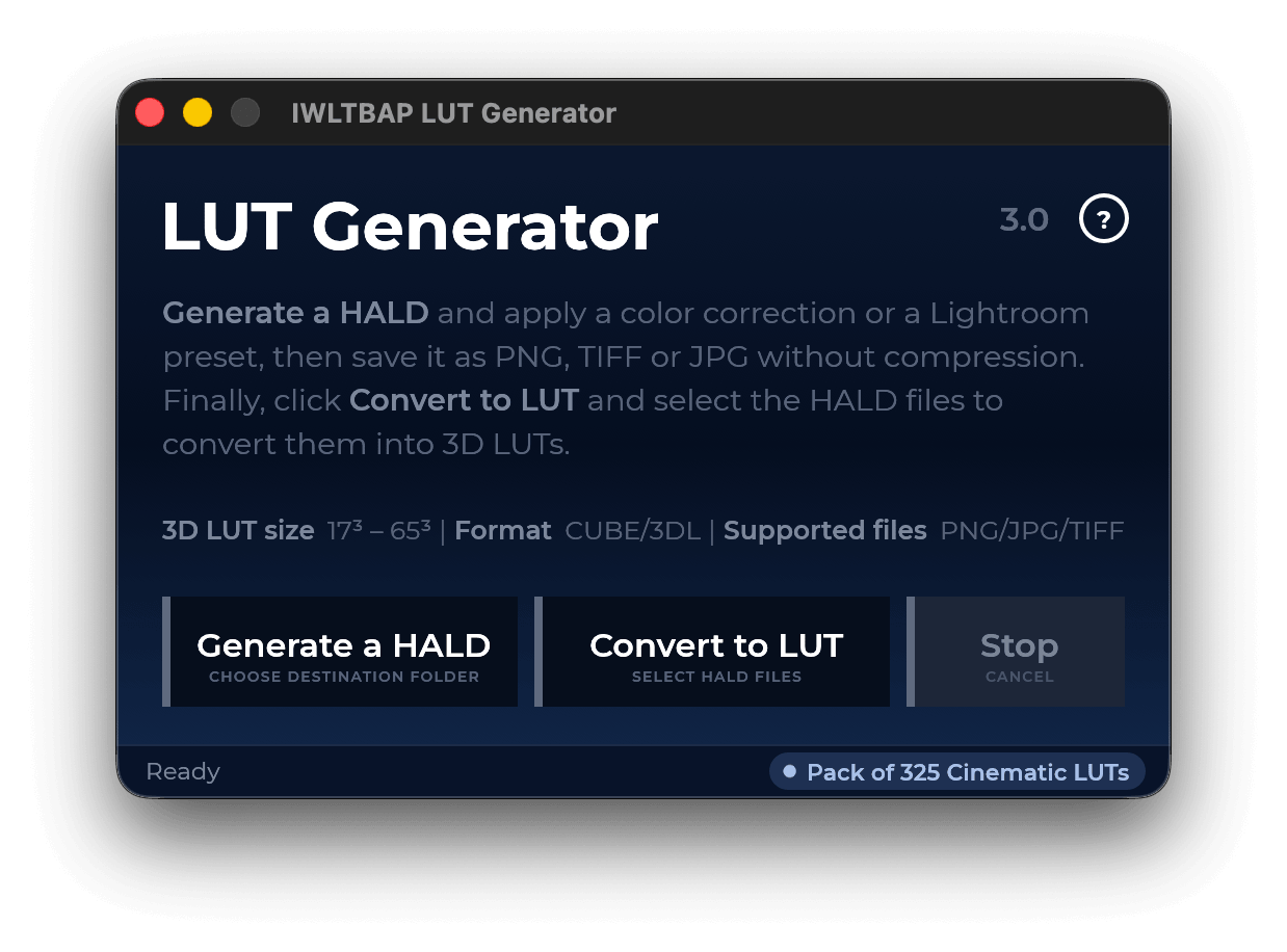 LUT Generator 3.0 main window with Generate a HALD, Convert to LUT and Stop buttons